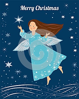 Cute christmas angel with a stars and snowflakes on a blue background. Little girl angel with blue wings flying in the