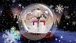 Cute Christmas animation of snowman couple in snow globe in magical forest