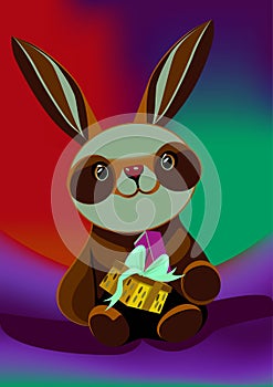 Cute Christmas background with bunny and gifts. Vector illustration