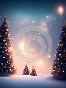 Cute Christmas background, falling snow, pine trees, New Year\'s Day, generative AI illustration art