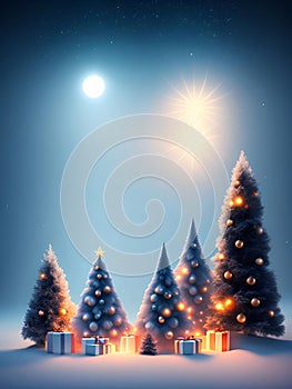 Cute Christmas background, falling snow, pine trees, New Year\'s Day, generative AI illustration art