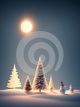 Cute Christmas background, falling snow, pine trees, New Year\'s Day, generative AI illustration art