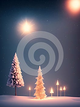 Cute Christmas background, falling snow, pine trees, New Year\'s Day, generative AI illustration art