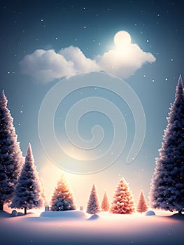 Cute Christmas background, falling snow, pine trees, New Year\'s Day, generative AI illustration art