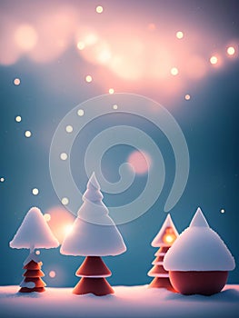 Cute Christmas background, falling snow, pine trees, New Year\'s Day, generative AI illustration art