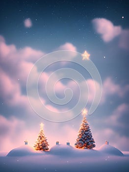 Cute Christmas background, falling snow, pine trees, New Year\'s Day, generative AI illustration art