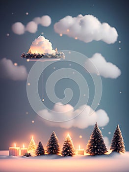 Cute Christmas background, falling snow, pine trees, New Year\'s Day, generative AI illustration art