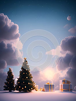 Cute Christmas background, falling snow, pine trees, New Year\'s Day, generative AI illustration art