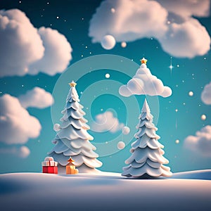 Cute Christmas background, falling snow, pine trees, New Year\'s Day, generative AI illustration art