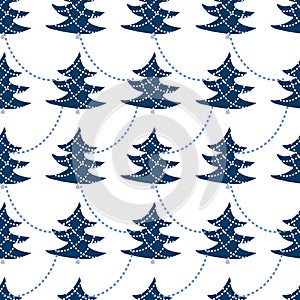 Cute Christmas background with fur trees, hollies, christmas balls. Seamless vector pattern in stylish pastel blue winter colors