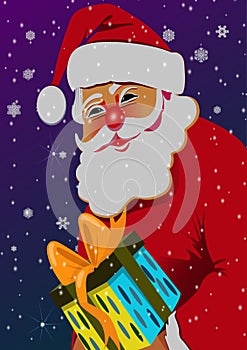 Cute Christmas background with Santa and gifts. Vector illustration
