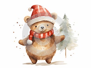 Cute Christmas bear watercolor clipart on white background