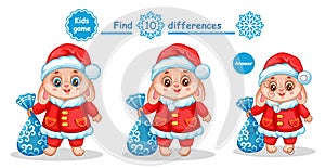 Cute Christmas bunny find 10 differences education children game. New Year rabbit search match. Kid puzzle logical exercise vector