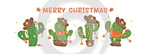 Cute Christmas Cactus Cartoon with Cowboy Hat banner, Kawaii Retro Western plant Hand Drawing and Festive Flat Design