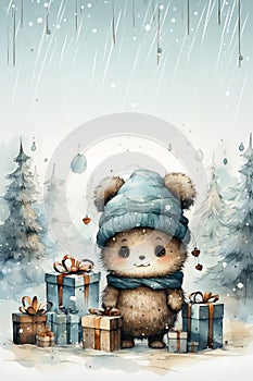 cute christmas card with bear and gifts