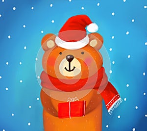 cute christmas card. a bear that stands in a hat under the snow with a gift in his hands