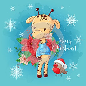 Cute christmas card with cartoon giraffe boy and a bouquet of poinsettia. Vector illustration