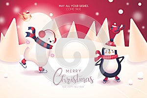 cute christmas card with lovely winter characters vector illustration