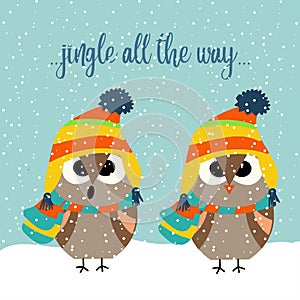 Cute Christmas card with owls singing carols