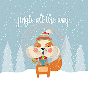 Cute Christmas card with squirrel singing carols