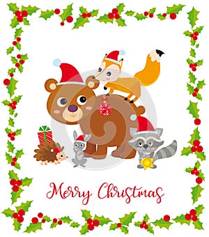 Cute Christmas card with wild animals and frame