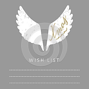 Cute christmas card, wish list with hand drawn white angel wings,