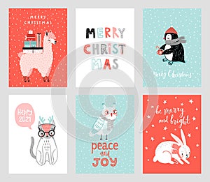 Cute Christmas cards with animals celebrating Christmas eve, handwritten letterings and other elements photo