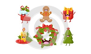 Cute Christmas cartoon characters set, wreath, gift box, candle, candy cane, sock, gingerbread, holiday tree, funny