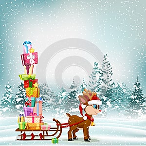 Cute Christmas cartoon scene with reindeer and sledge full of present