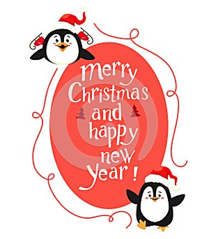 Cute Christmas decoration with penguins and handwritten text. Vector isolate on white background