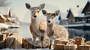 Cute christmas deers with christmas packages. Generative AI.