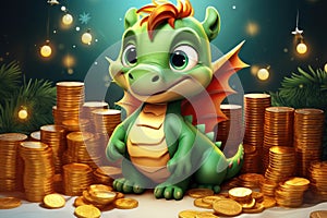 Cute christmas dragon in cartoon style with gift boxs and gold coins.The dragon is the symbol of 2024. New Year holiday card.