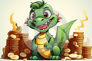 Cute christmas dragon in cartoon style with gift boxs and gold coins.The dragon is the symbol of 2024. New Year holiday card.