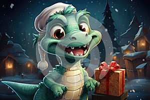 Cute christmas dragon in santa hat in cartoon style with gift boxs on the backdrop of a beautiful snowy forest.The dragon is the