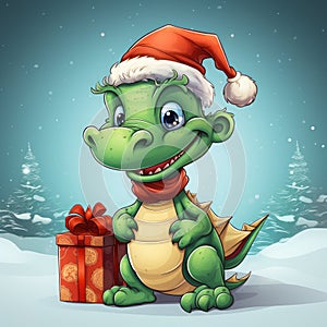 Cute christmas dragon in santa hat in cartoon style with gift boxs on the backdrop of a beautiful snowy forest.The dragon is the