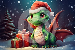 Cute christmas dragon in santa hat in cartoon style with gift boxs on the backdrop of a beautiful snowy forest.The dragon is the