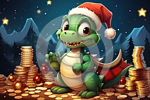 Cute christmas dragon in santa hat in cartoon style with gift boxs and gold coins.The dragon is the symbol of 2024. New Year