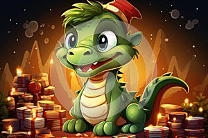 Cute christmas dragon in santa hat in cartoon style with gift boxs and gold coins.The dragon is the symbol of 2024. New Year