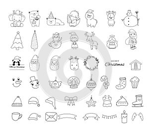 Cute Christmas element cartoon bundle outline,hand drawn, for Christmas ,kids,baby animal characters, card.vector illustration