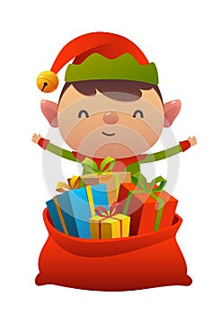 Cute christmas elf behind toy bag with gifts on white background