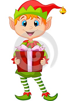 Cute christmas elf cartoon holding a gift