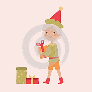 Cute Christmas elf gathering Christmas gift boxes. Vector cartoon illustration