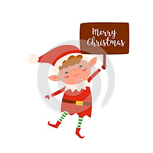 Cute christmas elf holding sign with Merry Christmas inscription. Happy childish xmas dwarf demonstrate holiday poster