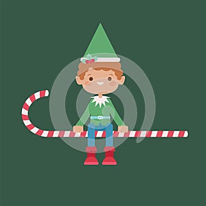 Cute Christmas elf sitting on a candy cane. Vector cartoon illustration