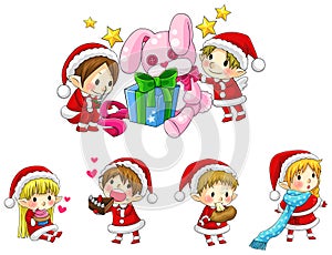 Cute Christmas elves in cartoon style collection set (vector)