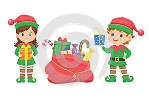 Cute christmas elves with gifts.Vector illustration. Isolated elements