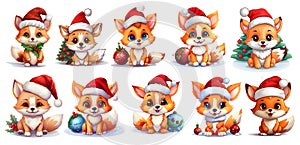 cute Christmas Fox with Christmas hat Clip Art Set,