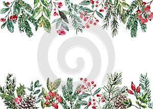 Cute Christmas frame illustration. Festive green branches, red berries border. Winter botanical card