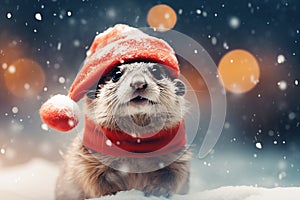 Cute Christmas funny ferret in Santa red hat