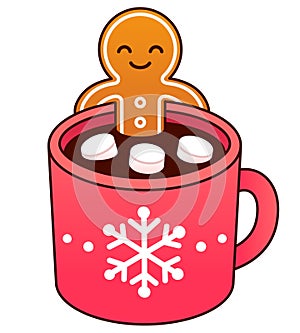 Cute Christmas gingerbread man cookie in hot chocolate cup